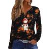 Women's Casual Halloween Print V-Neck Long Sleeve T-Shirt with Decorative Buttons