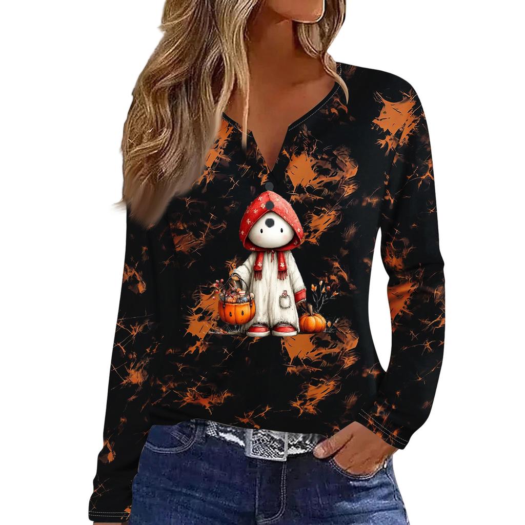 Women's Casual Halloween Print V-Neck Long Sleeve T-Shirt with Decorative Buttons
