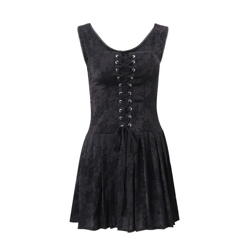 

Elsa European and American Women s Clothing New Sexy Sexy Cut Out Lace-up Cardigan French Style Vacation Court Pleated Dress Women Black L