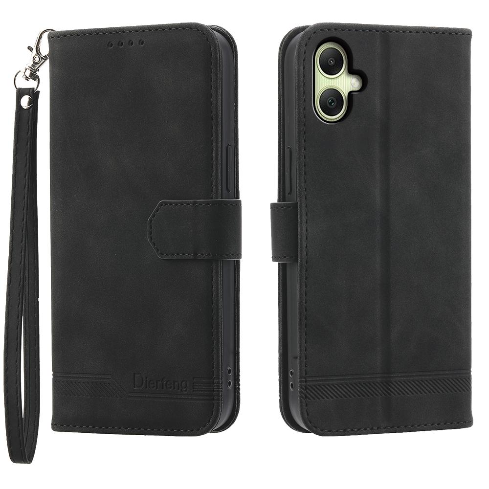 

DIERFENG DF-03 For Samsung Galaxy A07 4G Case Lines Imprint Wallet Leather Phone Cover with Wrist Strap Black