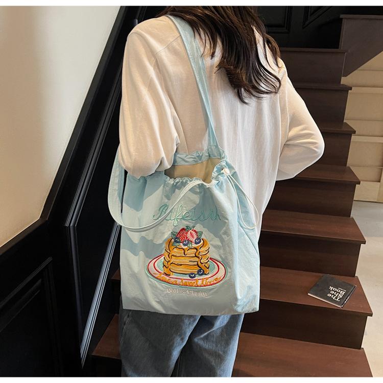 Canvas bag women's large capacity  new summer simple versatile shoulder bag drawstring college student tote bag