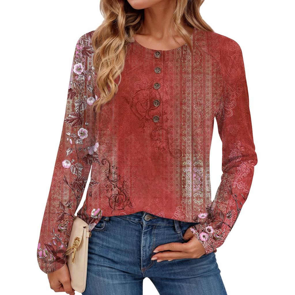 Women's Fashionable Vintage Floral Print Round Neck Long-sleeved Top