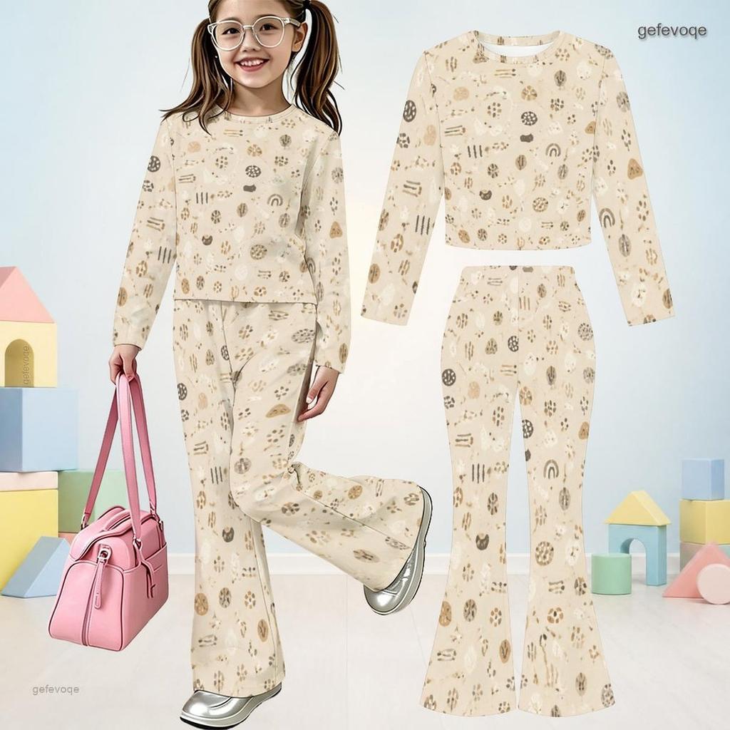 Girls Geometric Printed Round Neck Long Sleeve Crop Top And Flared Pants Two Piece Set