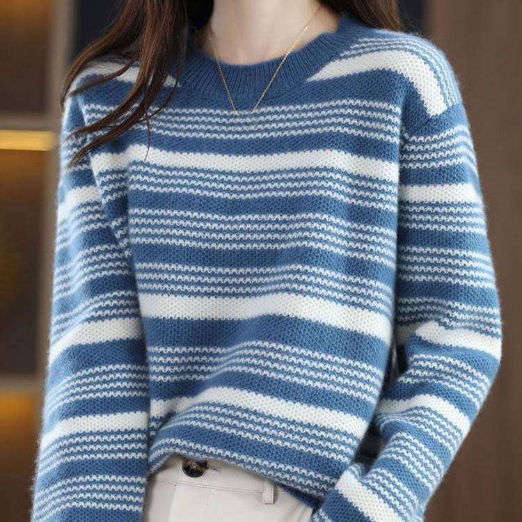 Elegant Round-neck Knitted Sweater for Women Contrasting Color Striped Sweater for Women Loose Long-sleeved Pullover for Autumn and Winter