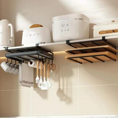 Support Organisateur Suspendu de Cuisine avec Crochets Sous Placard Support Essuie-Tout Support Couvercle de Casserole Étagère de Rangement (Pas de planche en bois)