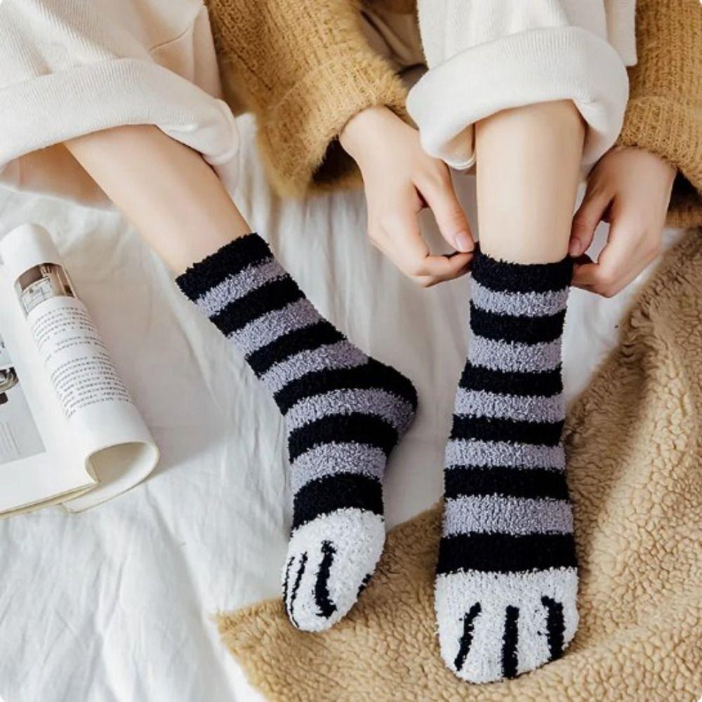 1 Pair Thicken Cat Paw Winter Socks Coral Fleece Sleeping Socks Cute Coral Fleece Warm Sock  Winter