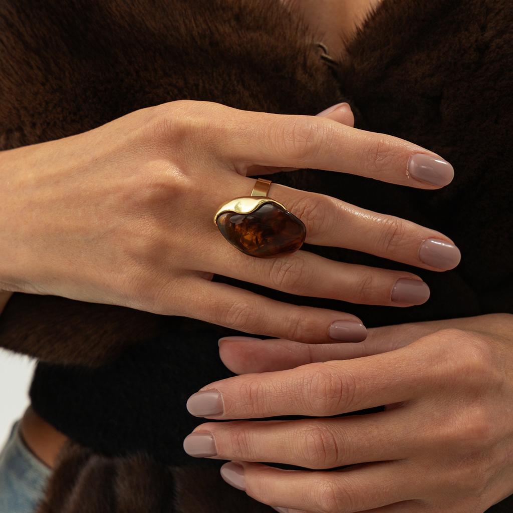 Vintage New Design Brown Red Beige Resin Geometric Adjustable Rings for Women Golden Alloy Fashion Daily Ring Jewelry Gift