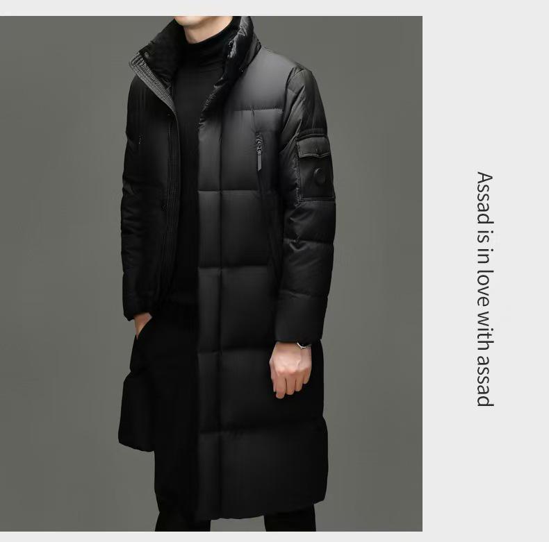 Brand 2025 Men's Winter Hooded Over-the-Knee Long Down Jacket with Fleece Lining