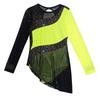 Kids Girls Gymnastics Competition Costume: Sheer Mesh Patchwork Long Sleeve Leotard with Color Block & Sparkling Rhinestones