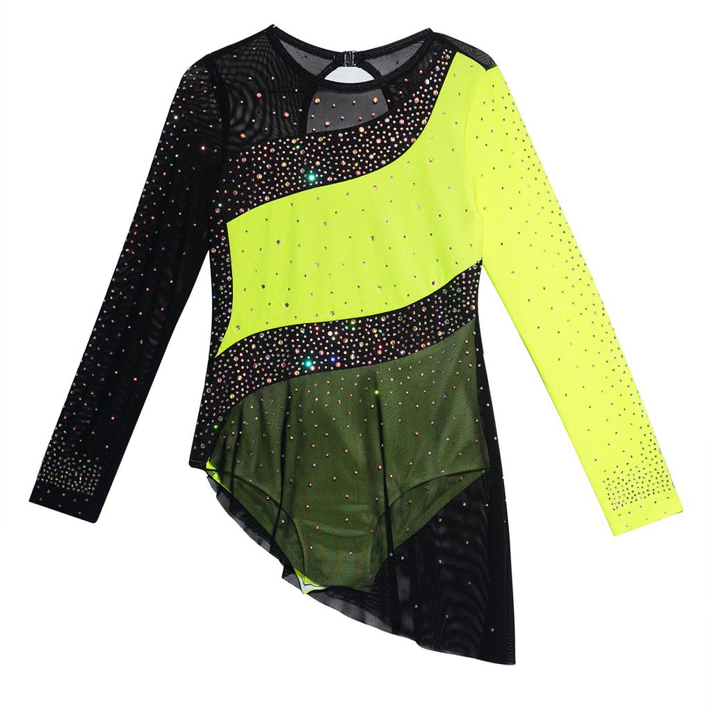 Kids Girls Gymnastics Competition Costume: Sheer Mesh Patchwork Long Sleeve Leotard with Color Block & Sparkling Rhinestones