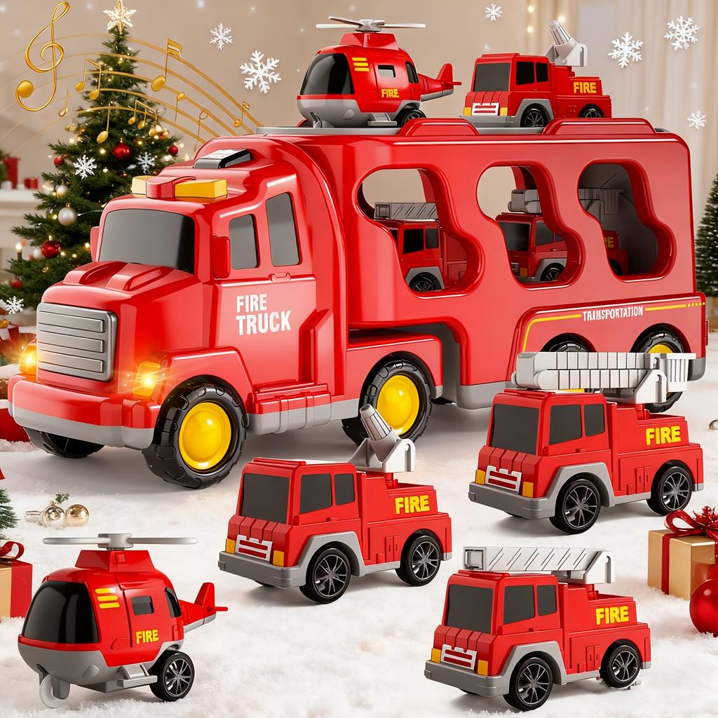 5-in-1 Fire Trucks Toddler Fire Engine Toys For Boys Girls Carrier Truck Transport Cars Christmas Birthday Best Present