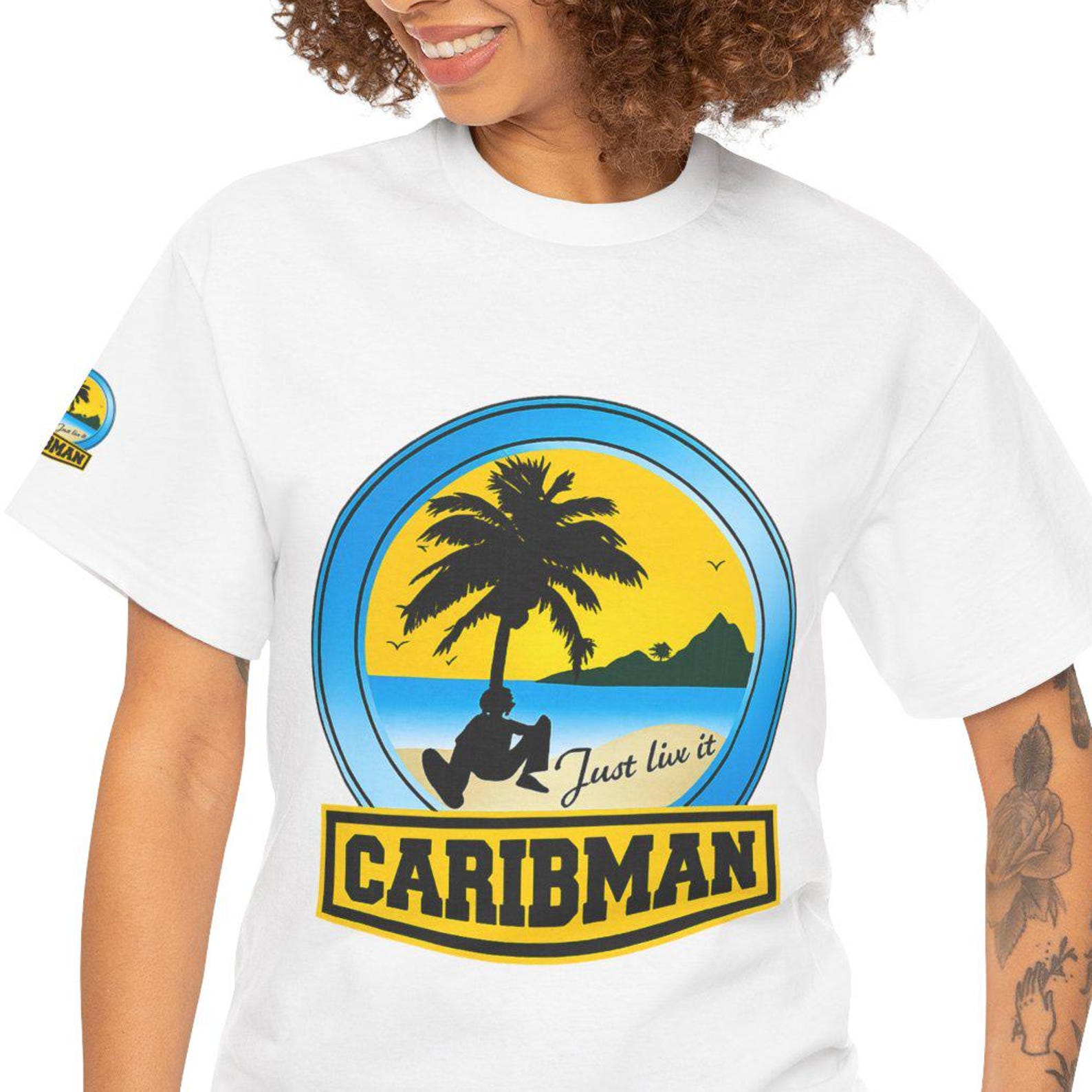 Caribman Palm Beach Sunset Tee | Tropical Island silhouette, relax by the sea L