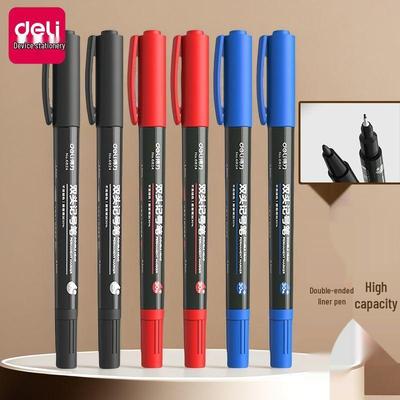 Conjunto de Canetas Fineliner Deli com Ponta Dupla - Preto e Vermelho à Base de Água, Ponta Fina. Ideal para Crianças e Estudantes, Papelaria Artística Especial.