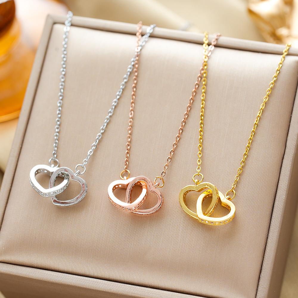 Fashion Light Luxury Micro-Set Heart Double Loop Titanium Steel Pendant Necklace Fresh Collarbone Chain
