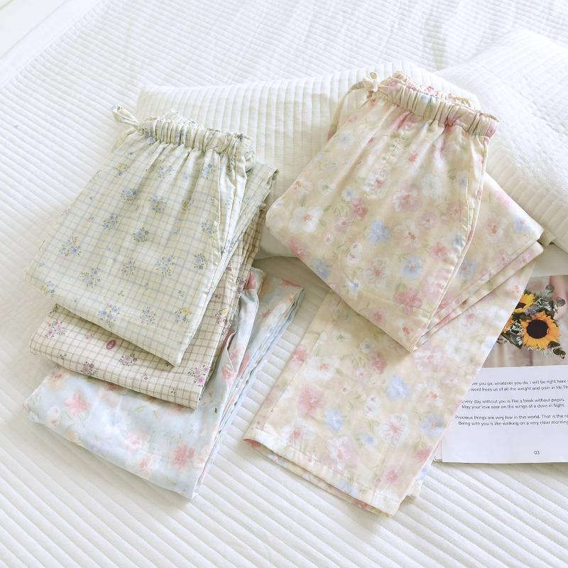 2026 Spring/Summer Women's Sleeper Pants 100% Cotton Gauze with Floral Pattern Grid Gauze Pants Thin Home Pants Bottoms Womens