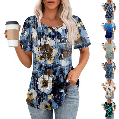 Women's Fashion Printed Casual Pleated Round Short Sleeve T-Shirt Top