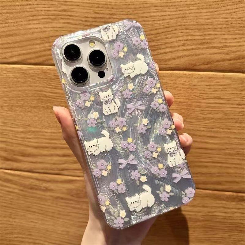 Purple Floral Cat Case for Apple 15/14/13/12/11/Pro/Pro Max/XS Max/XR/XS