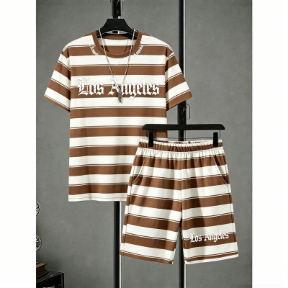 Men's Set Colorful Stripes Printed Men's T-shirt and Shorts 2 Piece Set Summer Casual Outdoor Men's and Women's T-shirt Sets