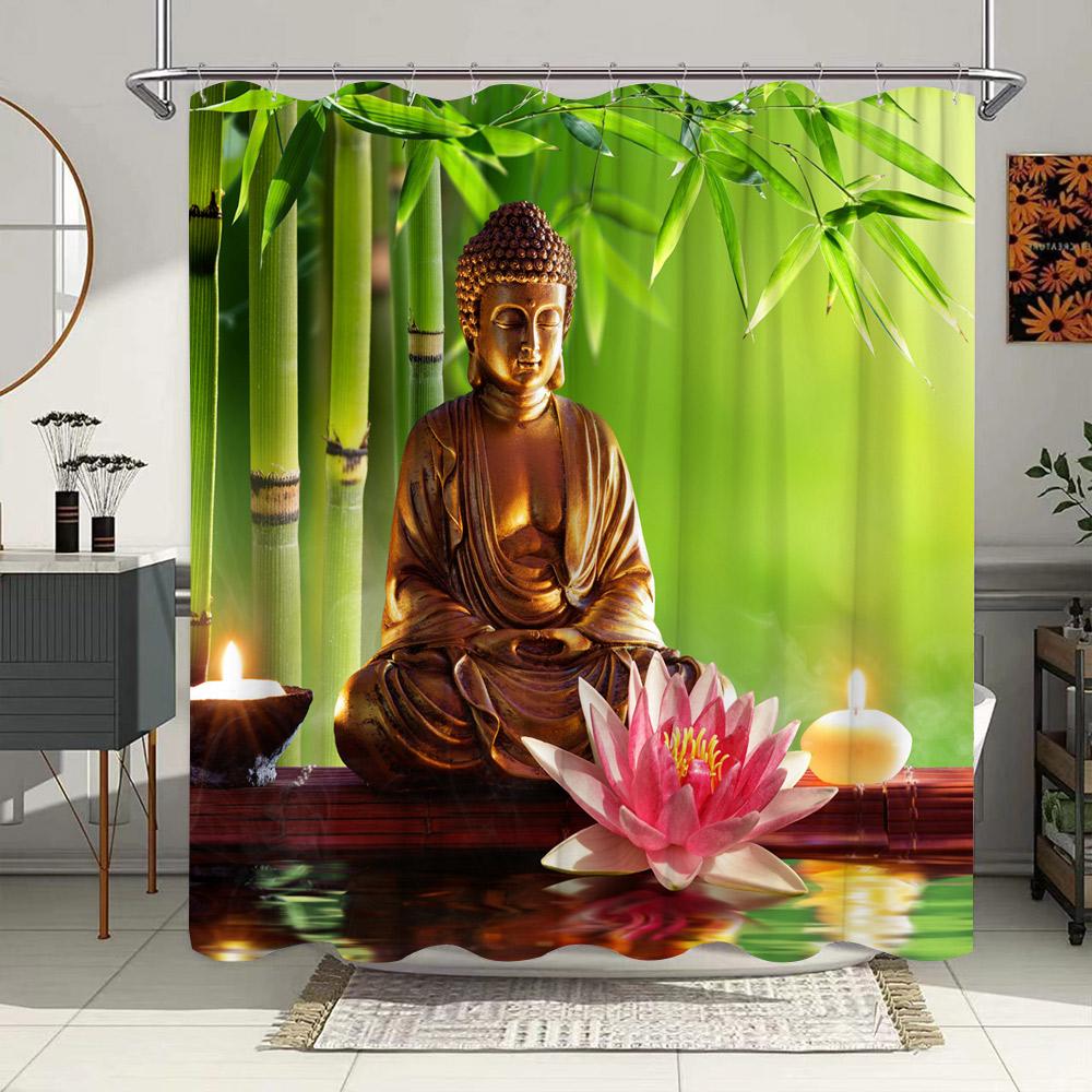Zen Landscape Shower Curtains Flowers Plant Green Bamboo Black Stone Scenery Bathroom Decor Waterproof Cloth Hanging Curtain Set