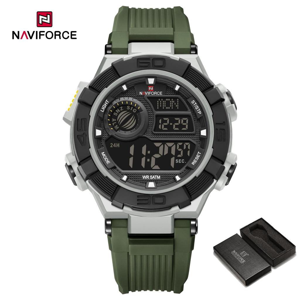 Naviforce Men LCD Watch Ditital Movement Lightweight Silicone Strap 50m Waterproof Calendar Date Alarm Night Pattern Boy Gift Watch NF7131
