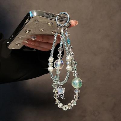 Y2k Butterfly Crystal Bead Mobile Phone Lanyard Wrist Strap Lady Hand-held Chain Short Anti-lost Cell Phone Key Pendant
