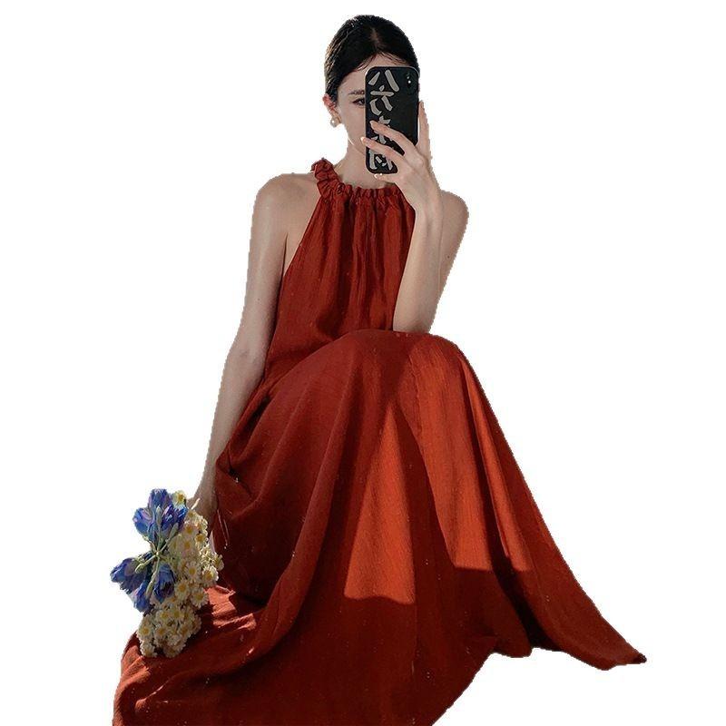 New Chinese Retro Red Shoulder Digging Holiday Dress Summer Dopamine Neck Strap Holiday Beach Dress