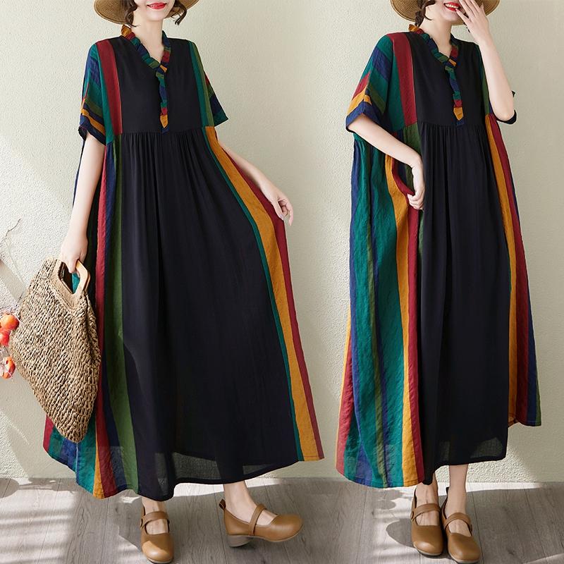 DIMANAF 2025 Sommar Plus Size Klänning Dam Casual Lång Vintage Linneklänning Lös Basic Kortärmad Klänning