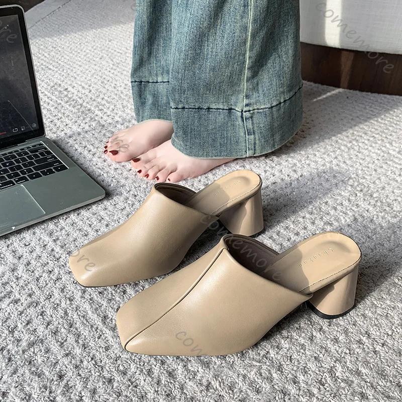 Comemore Baotou Half Slippers Women Square Head High Heels Shoes Outside Wear Thick Heel Solid Color Mules Slides Shoes