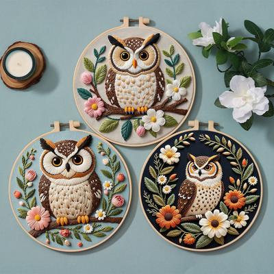 1 Set Owl Embroidery Kit with Hoop Threads Needles Beginners Pre-Stamped Bird Cross Stitch Craft Embroidery Starter Kit DIY Enthusiasts Gift