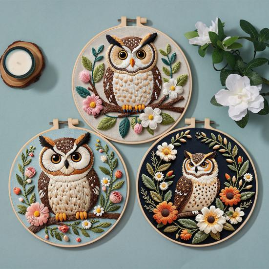 1 Set Owl Embroidery Kit with Hoop Threads Needles Beginners Pre-Stamped Bird Cross Stitch