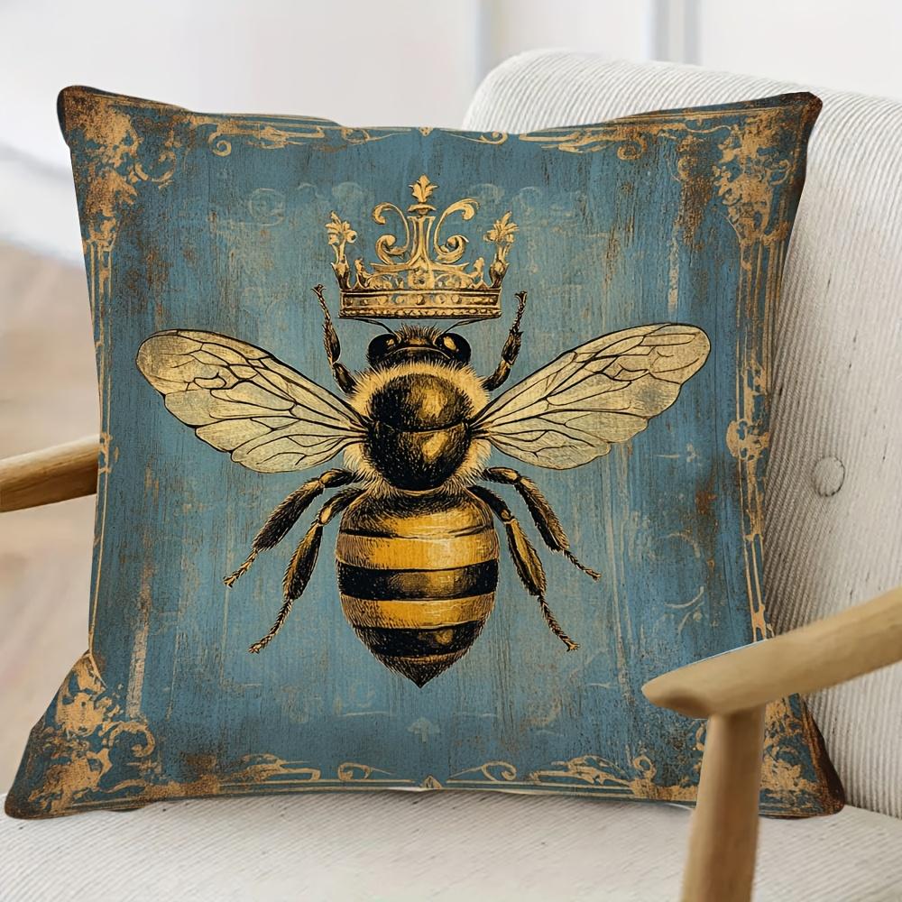 1Pc Vintage Queen Bee Printed Throw Pillow Cover, Suitable For Sofa, Bedroom, Living Room, An Artistic Gift For Nature Lovers.