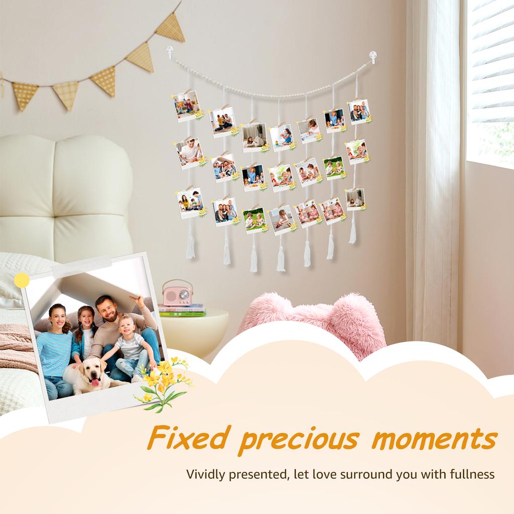 Wandbehang-Fotodisplay mit 45 Clips, dekorativer Collage-Bilderrahmen, DIY-Fotoschnur mit Holzperlen-Girlande für Schlafzimmer