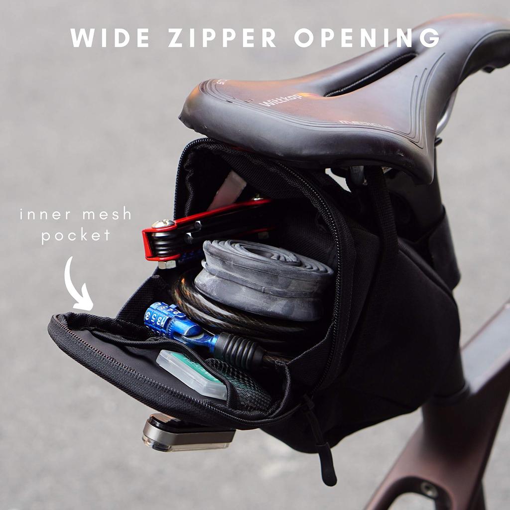 Vincita Bike Saddlebag with Pump LED Internal Mesh and Reflective Safety Strips for Commuting Mountain and Road Gray Strap, Mount, Pocket, Bikes,