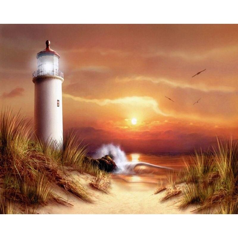 Embroidery Stitch Cross Diamond Lighthouse Diamond Painting 5d Diamond Mosaic Seascape Full Round Home Decor
