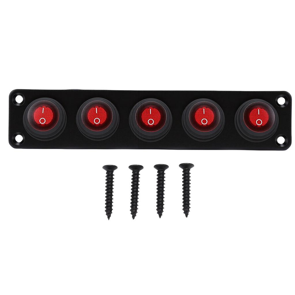 5 Gang Rocker Switch Panel 20A Red Circular On Off Switch Water Proof Aluminum Alloy Panel for Car Boat RV Truck Trailer