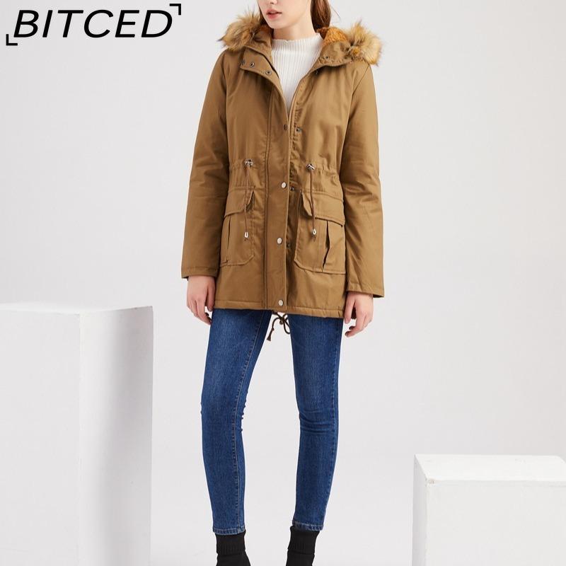 BITCED Fleece-Lined Cotton Coat with Hood and Fur Collar Winter Warmth Outerwear Plus Size Women's Cotton Jacket