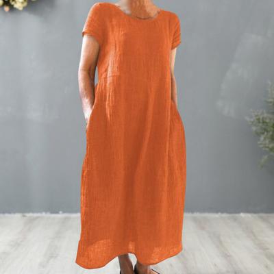 Women Dress Loose-fitting Round Neck Solid Color Short Sleeves Machine Washable Decorative Cotton Flax Crew Neck Women Pullover Dress for Women