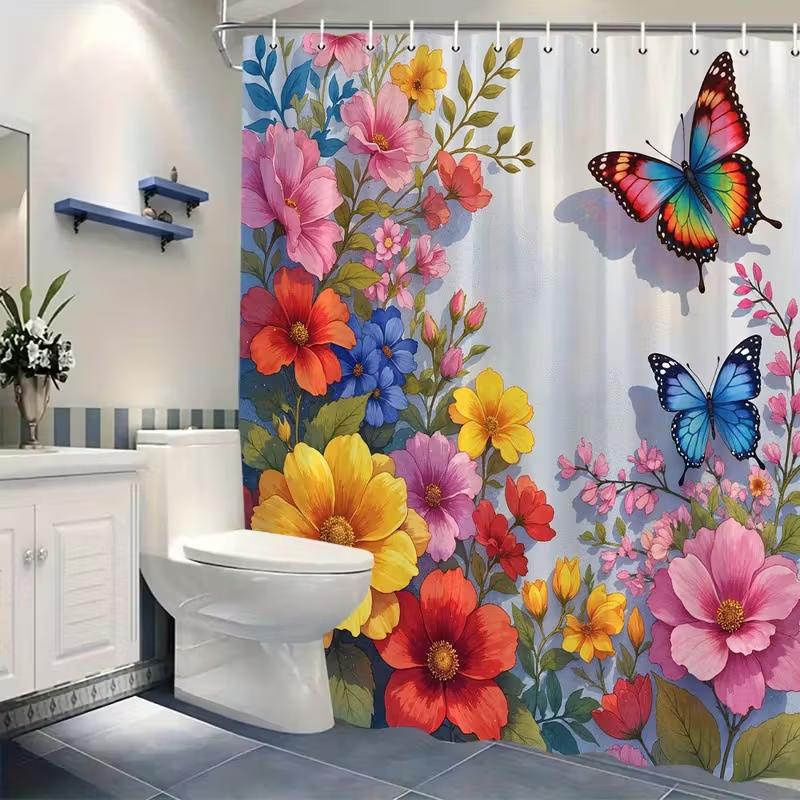 VIKAMA Colorful Butterfly Flower Shower Curtain, Waterproof and Mold-Resistant Shower Curtain for Bathroom Decoration