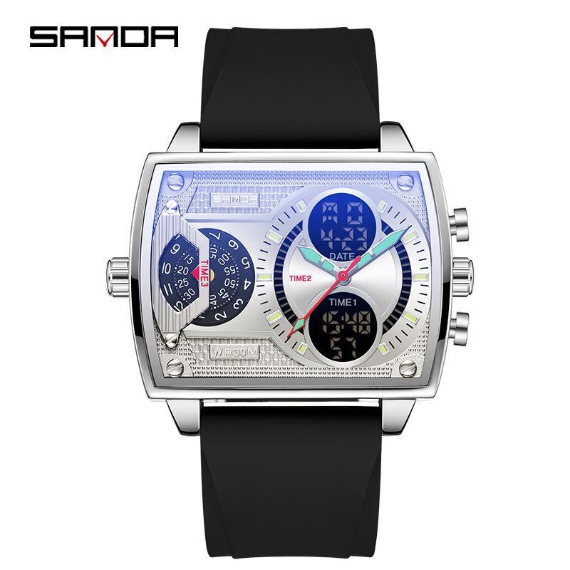 Sanda Fashionable Men's Square Multifunctional Waterproof Sports Quartz Watch