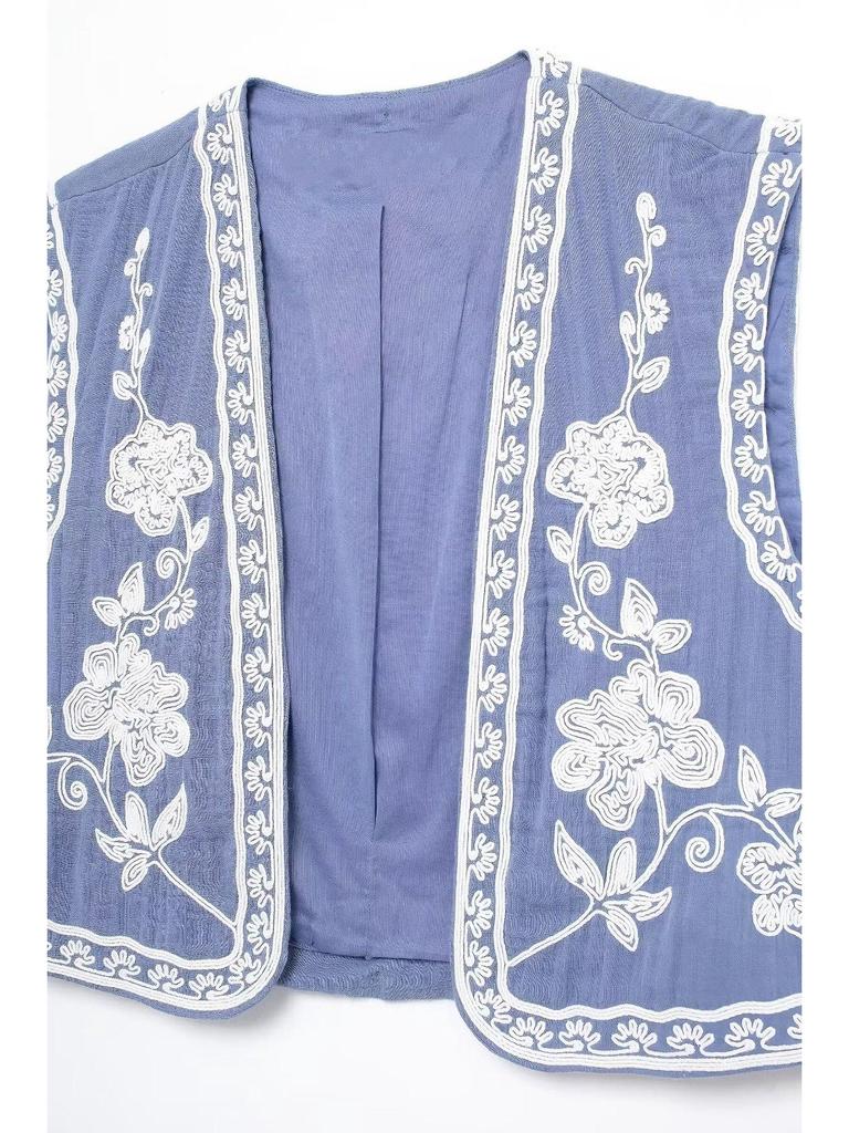 2024 Vintage květinová výšivka Barevný blok Vesta – Jarní bezrukávový top s otevřeným předním dílem