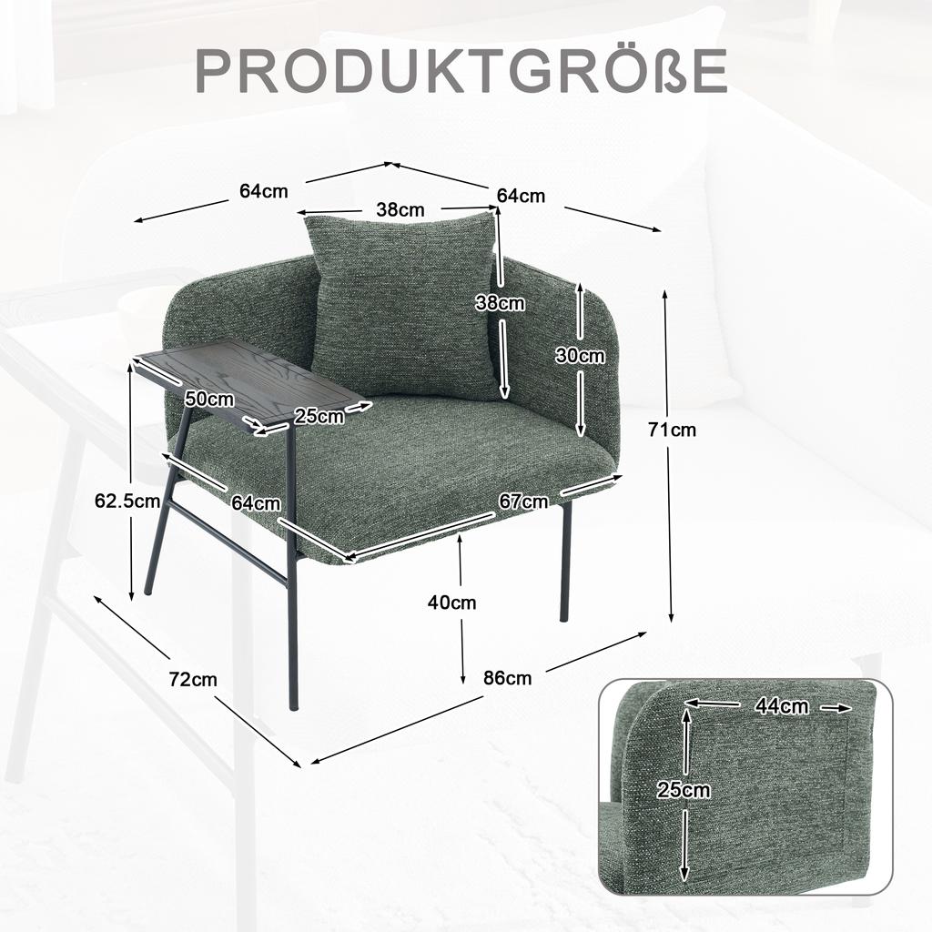 Modern single armchair with comfortable fabric backrest and two storage compartments, complemented by a practical side table.