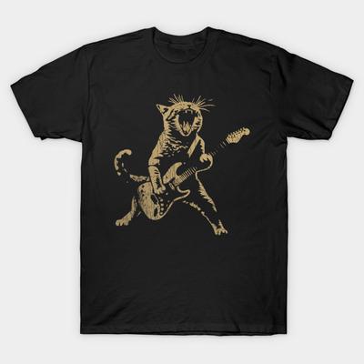 Men Black Print T-shirt Vintage Rock Cat Playing Guitar Funny Guitar Cat For Men Women Kids No-Cut Transfer Paper Print Cotton Tshirt
