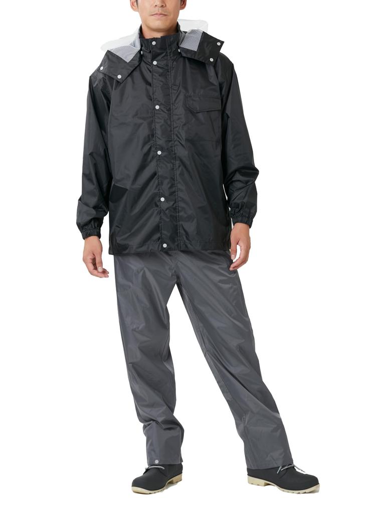 Rainwear Top and Bottom Fully Lining Defend LL [Winter Cherry] Set, Waterproof, Mesh, Rainsuit, Men's, Black,