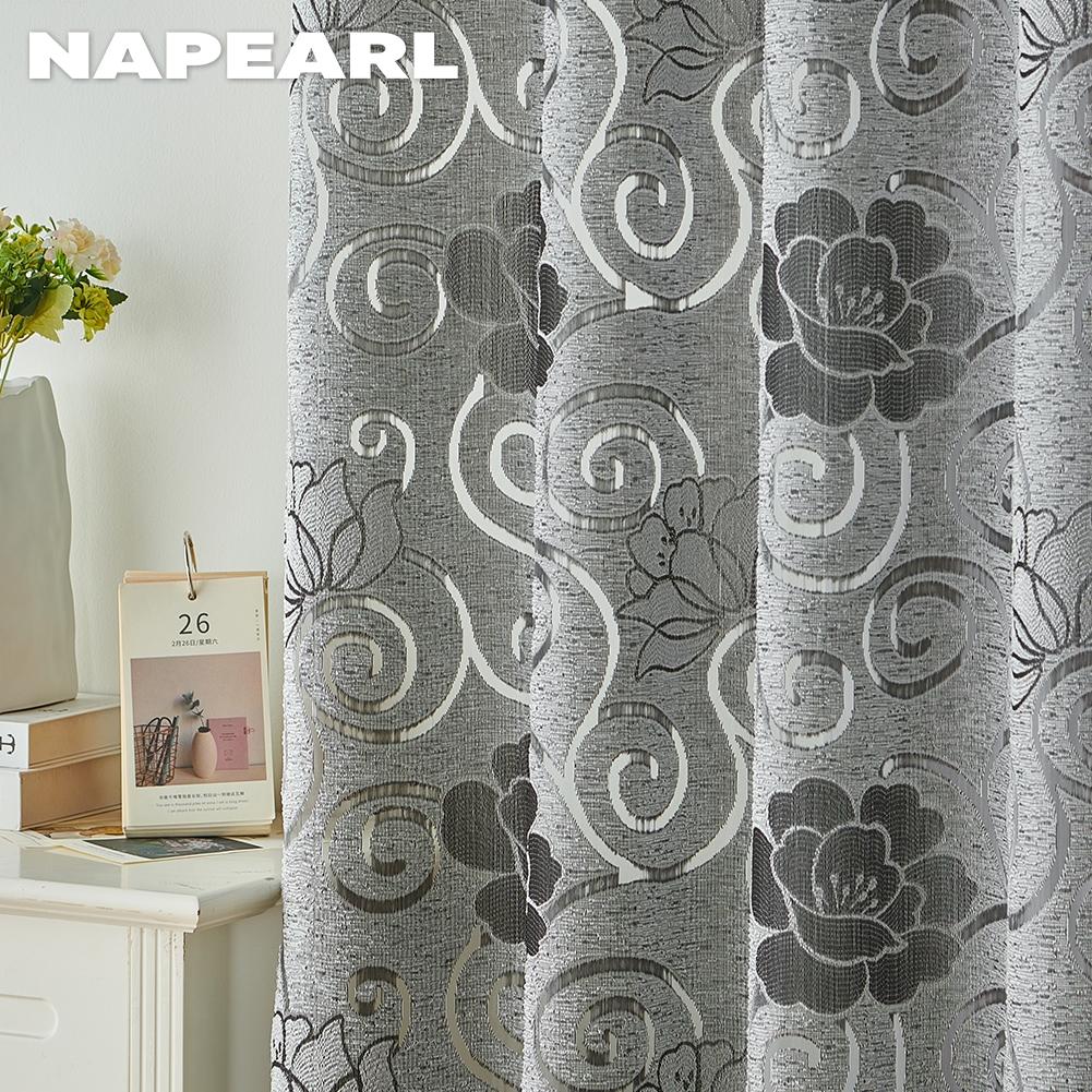 1PC NAPEARL Classical Flower Jacquard Hook Type Short Tulle Sheer Curtain for Bedroom Window