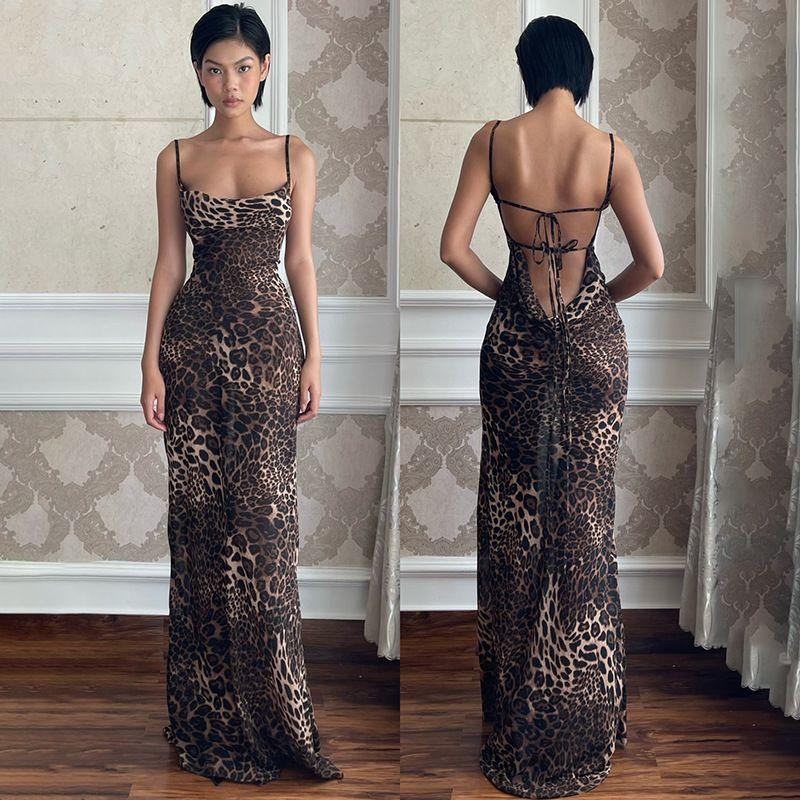 

and American Women s Clothing Sexy Big Backless Lace-up Halterneck Leopard Print Print Dress Tight Waist Slim Looking Vacation Spaghetti Straps Dress Leopard print(Mesh perspective) L