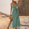 Summer New V-neck Suspender Floral Lace-up Dress Popular Women's Long Dress