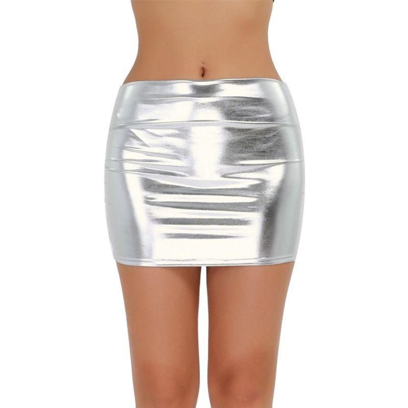 

Pu Bright Leather Body-Fitting Buttock Skirt Close-Fitting Pu Bright Leather Bodycon Dress Silver XXL