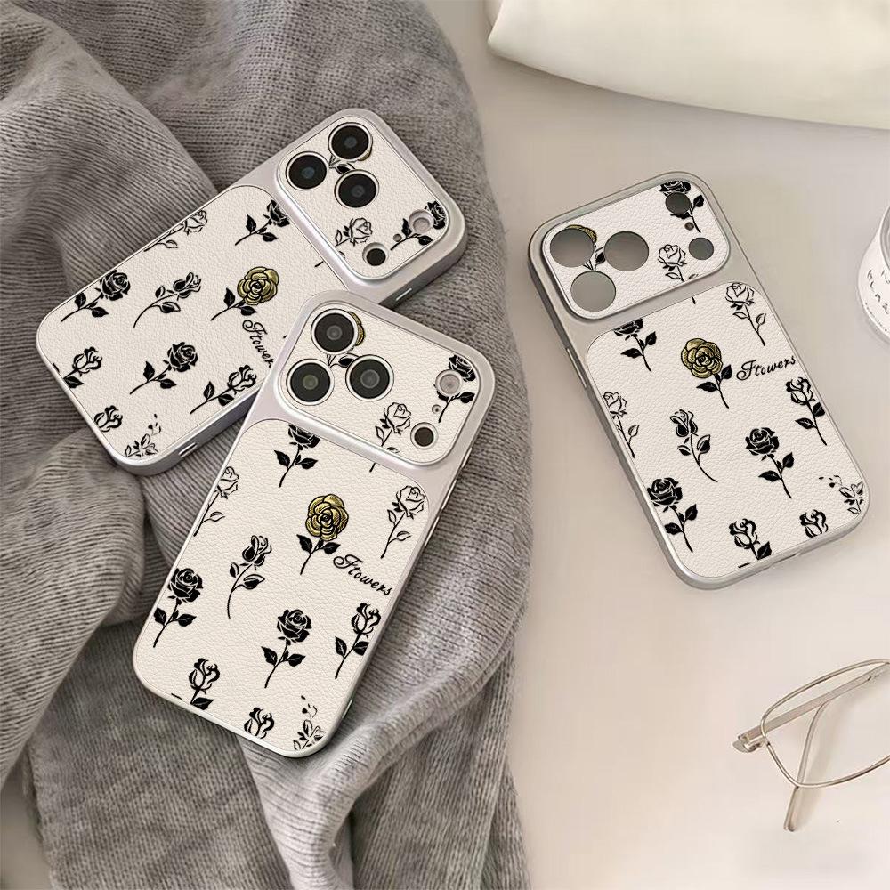 Electroplated Lambskin Creative Black Rose for Apple 17 Mobile Phone Case iPhone15promax All-inclusive 16Pro