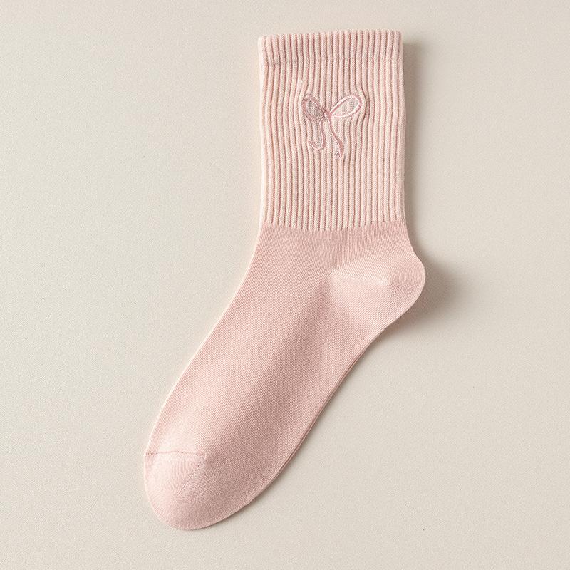 Solid Color Versatile Mid-calf Socks, Simple Long Socks for Autumn and Winter, Cute Bow Cotton Socks, Women's Socks for Spring and Autumn