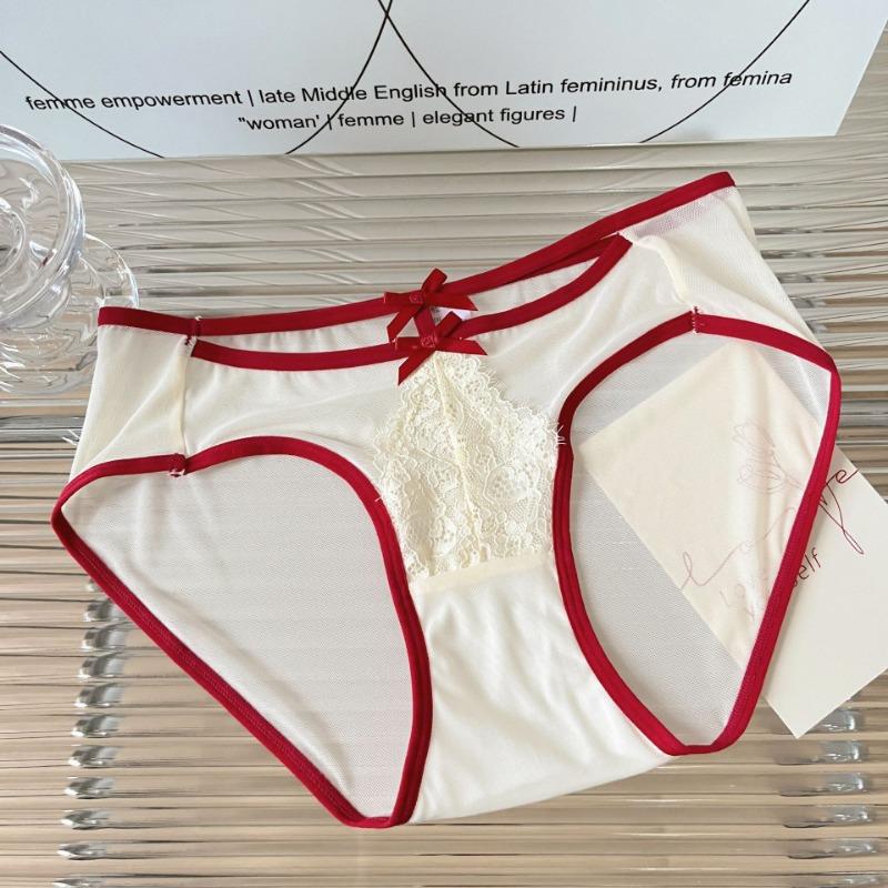 Female Sexy Red Underwear with Low Waist Briefs Hollow Thin Design Pure Cotton Crotch Women's Triangle Panties
